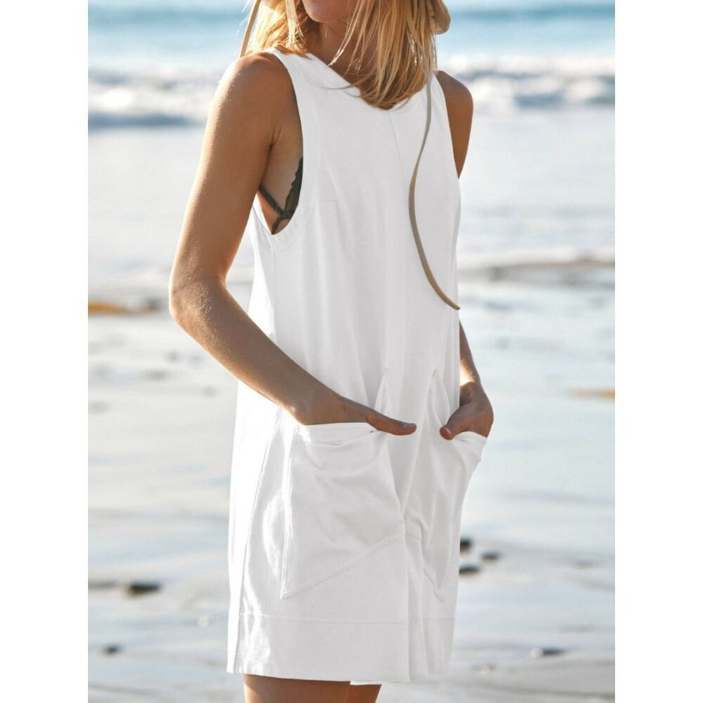 Beach Boho Maui - Round Neck Sleeveless Romper with Pockets - - Picture 4 of 4